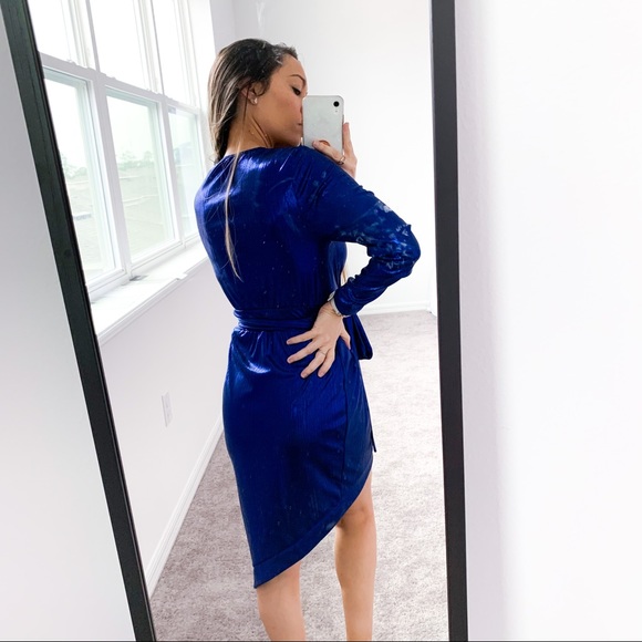 Blue Long Sleeve Metallic Asymmetrical Wrap Dress - Picture 8 of 11